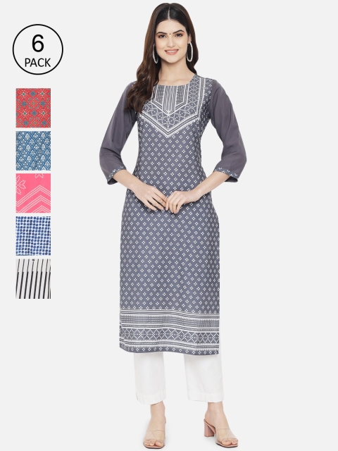 

Ethnic basket Women Multicoloured Set of 6 Ethnic Motifs Printed Crepe Kurta, Multi