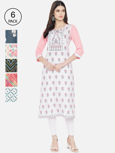 

Ethnic basket Women Pack of 6 Digital Printed Crepe Kurta, White