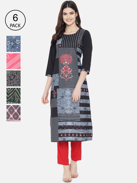 

Ethnic basket Women Pack Of 6 Black & Pink Ethnic Motifs Printed Crepe Kurta