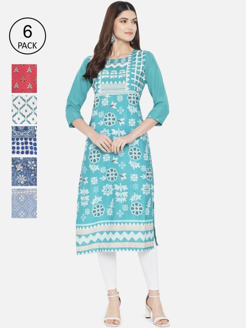 

Ethnic basket Women Pack of 6 Digital Printed Crepe Kurta, Blue