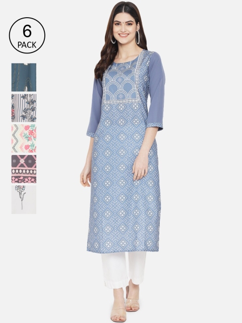 

Ethnic basket Women Set Of 6 Blue & White Ethnic Motifs Printed Crepe Kurta