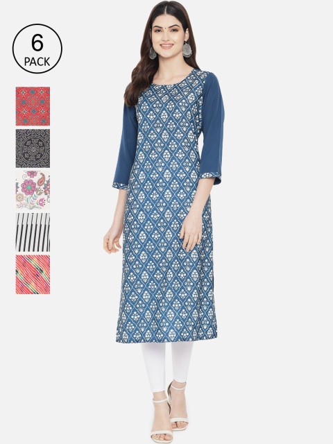 

Ethnic basket Women Pack of 6 Multicoloured Floral Printed Crepe Kurta, Multi