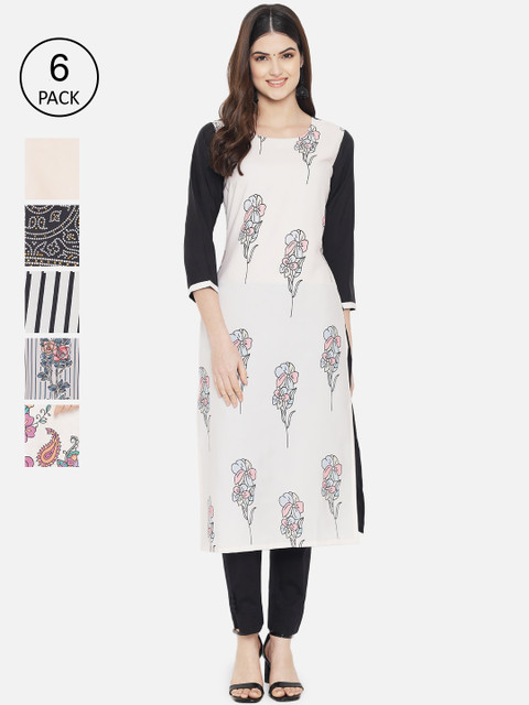

Ethnic basket Women Pack Of 6 Multicoloured Ethnic Motifs Printed Crepe Kurta, Multi