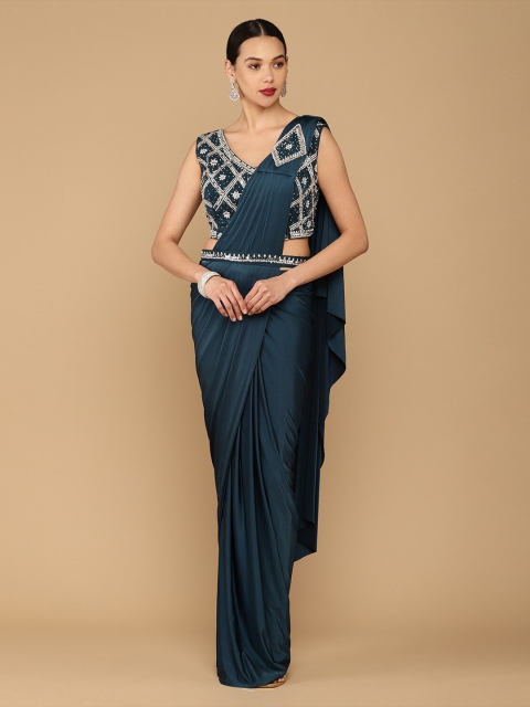 

Soch Teal Blue Embellished Belted Georgette Saree With Sequin Blouse