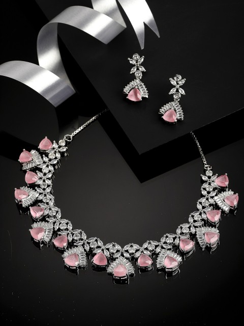 

ZENEME Rhodium-Plated White & Pink AD-Studded Jewellery Set