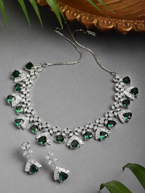

ZENEME Rhodium-Plated Silver Toned Green AD Studded Contemporary Design Jewellery Set