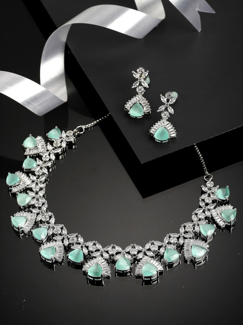 

ZENEME Silver-Toned & Sea Green AD-Studded Rhodium-Plated Jewellery Set