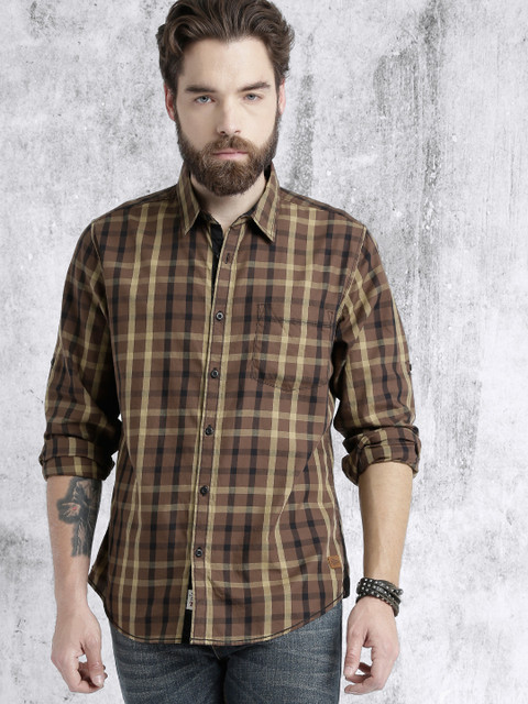 

Roadster Men Brown & Khaki Checked Casual Shirt