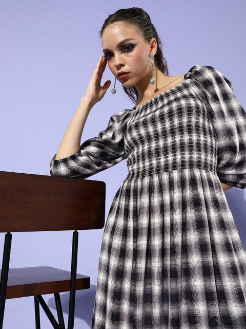 

The Vanca Women Stylish Black Checked Volume Play Dress