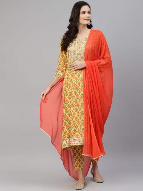 

Laado - Pamper Yourself Women Yellow Ethnic Motifs Embroidered Angrakha Pure Cotton Kurta with Trousers &