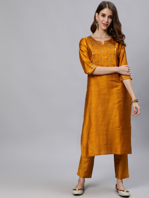 

Jaipur Kurti Women Mustard Yellow Ethnic Motifs Kurta with Trousers