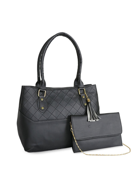 

LELYS Black Geometric Textured Leather Swagger Shoulder Bag with Quilted
