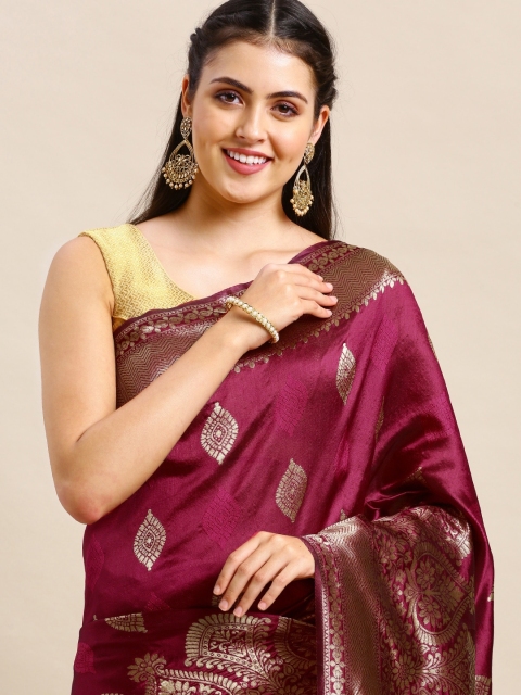 

VAIRAGEE Burgundy & Golden Ethnic Motifs Woven Design Banarasi Saree