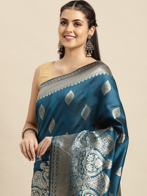 

VAIRAGEE Teal Blue & Golden Ethnic Motifs Banarasi Woven Design Saree