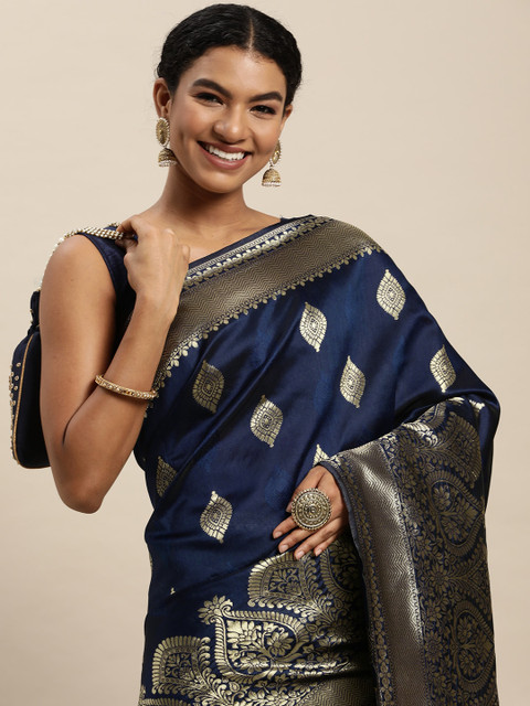 

VAIRAGEE Navy Blue & Golden Woven Design Banarasi Saree