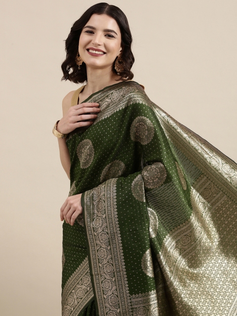 

VAIRAGEE Olive Green & Golden Ethnic Motifs Silk Blend Banarasi Saree
