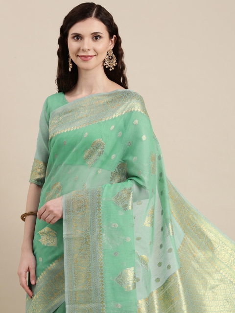 

VAIRAGEE Blue & Silver Ethnic Motifs Woven Design Saree