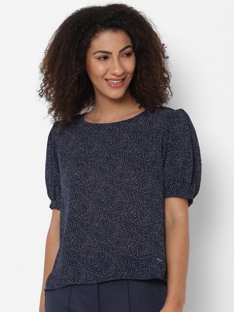 

Allen Solly Woman Navy Blue & White Print Puff Sleeves Top