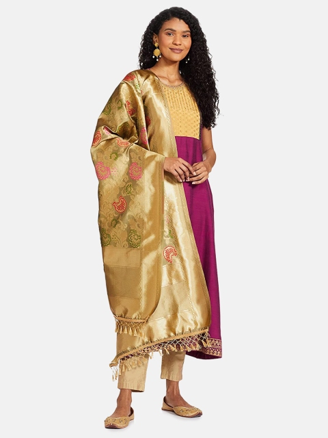 

IVOC Gold-Toned & Green Woven Design Banarasi Dupatta