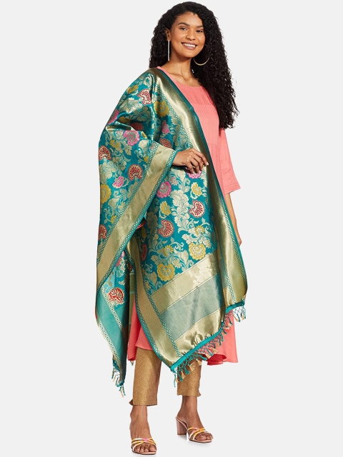 

IVOC Teal Green & Golden Floral Woven Design Banarasi Dupatta with Zari