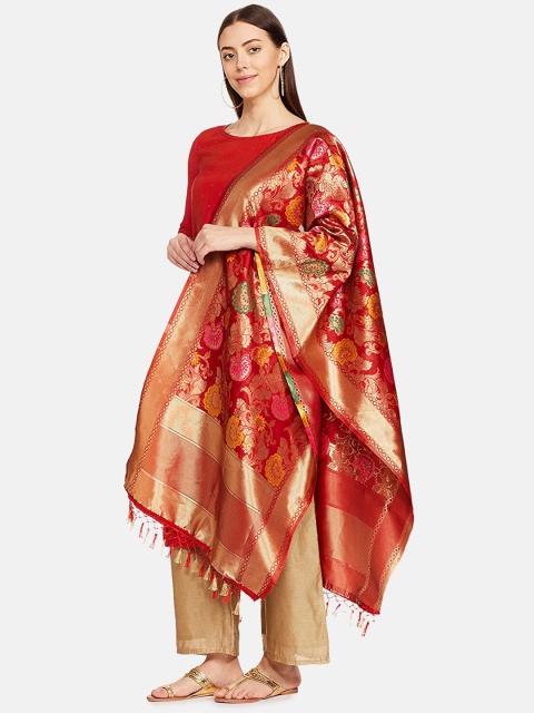 

IVOC Women Red & Gold-Toned Floral Printed Banarasi Silk Dupatta