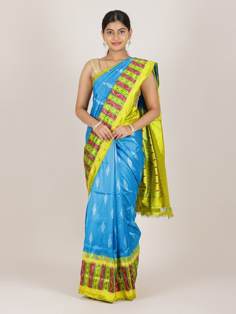 

Pothys Blue & Green Geometric Printed Pure Silk Pochampally Saree
