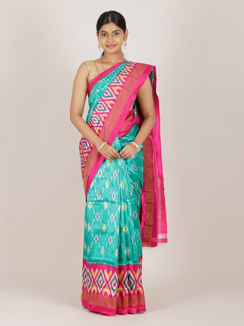 

Pothys Sea Green & Pink Zari Pure Silk Pochampally Saree