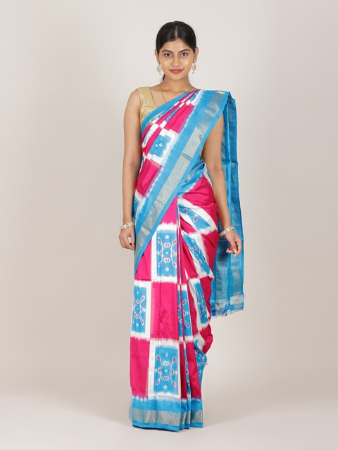 

Pothys Blue & Pink Ethnic Motifs Pure Silk Pochampally Saree