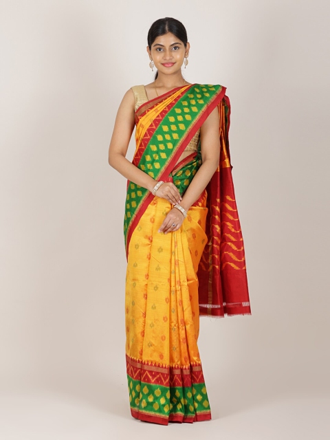 

Pothys Mustard & Green Ethnic Motifs Pure Silk Pochampally Saree