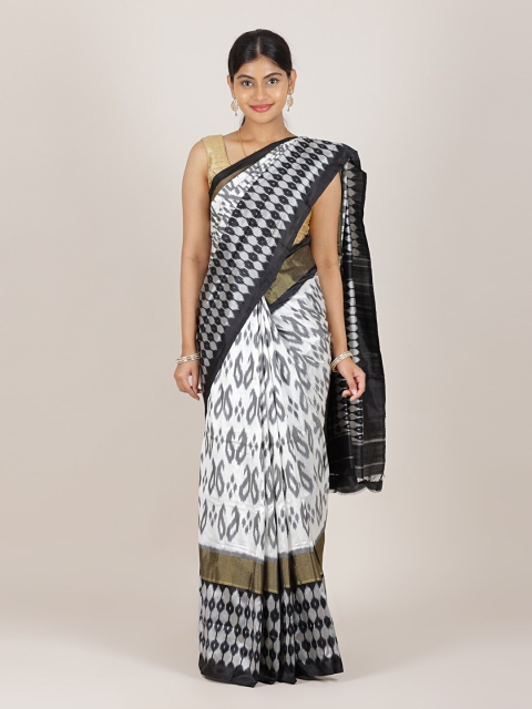 

Pothys White & Black Zari Pure Silk Pochampally Saree