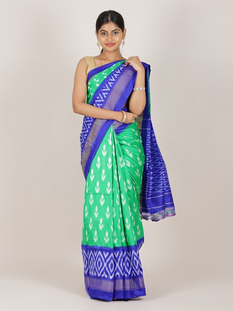 

Pothys Green & Blue Geometric Printed Zari Pure Silk Pochampally Saree