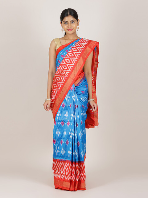 

Pothys Blue & Red Zari Pure Silk Pochampally Saree
