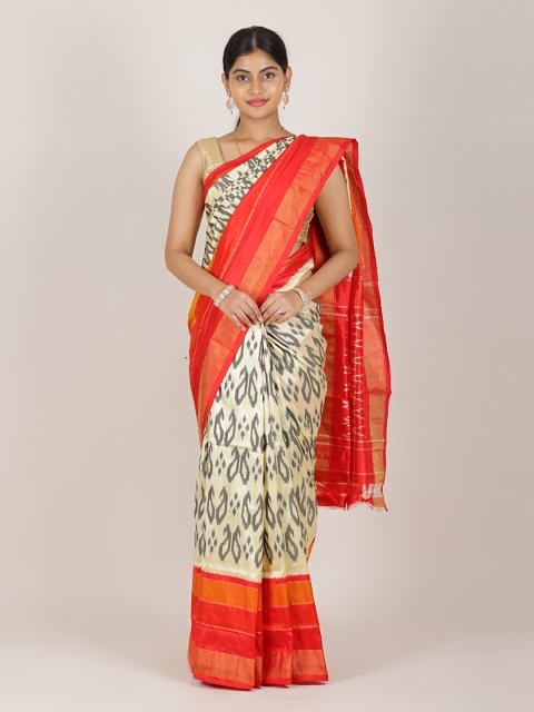 

Pothys Cream-Coloured & Orange Ethnic Motifs Printed Pure Silk Sarees