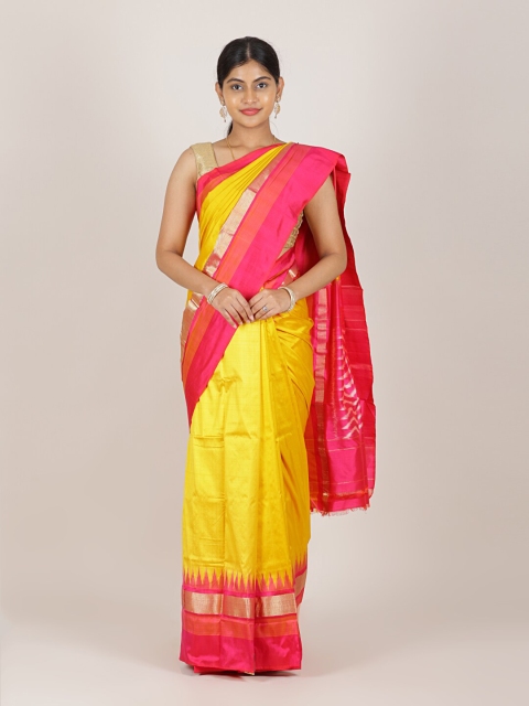 

Pothys Yellow & Pink Zari Pure Silk Pocham Pally Saree