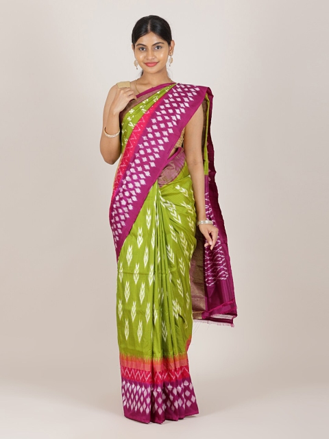 

Pothys Green & Purple Geometric Printed Pure Silk Pochampally Saree