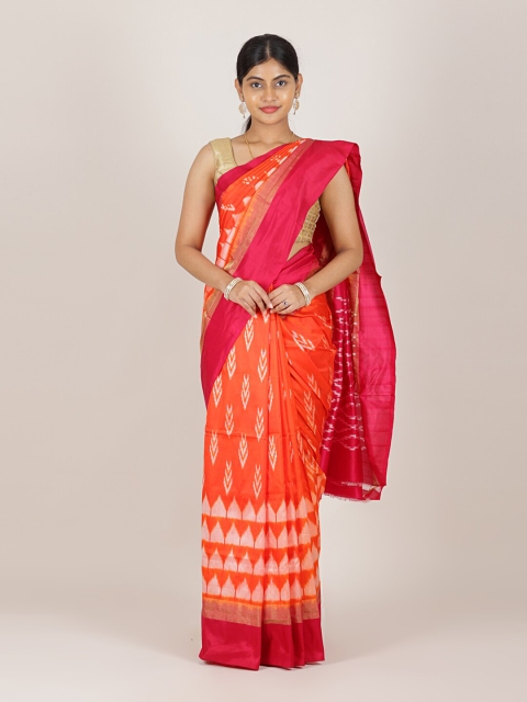 

Pothys Orange & Magenta Ethnic Motifs Zari Pure Silk Pochampally Saree