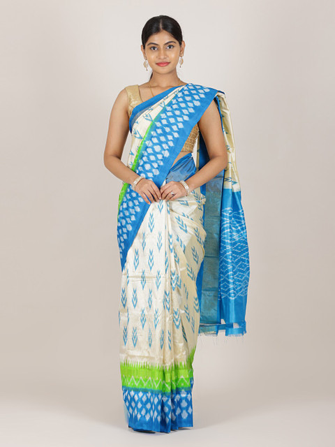 

Pothys Cream-Coloured & Blue Zari Pure Silk Pochampally Saree