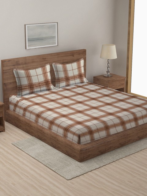 

MULTITEX Beige & White Checked Cotton Double Queen Bed Cover With 2 Pillow Covers
