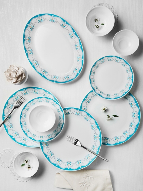 

Larah by BOROSIL Tiara Royal Jade 13 Pieces Printed Opalware Glossy Dinner Set, White