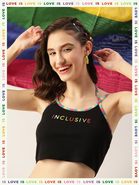 

DressBerry Black & Yellow Typography Print Bralette Crop Top
