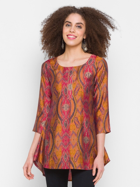 

TANKHI Mustard Yellow & Fuchsia Ethnic Motifs Printed High-Low Tunic