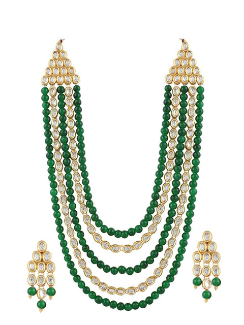

Arendelle Women Gold-Plated Kundan & Green Stone Layered Jewellery Set