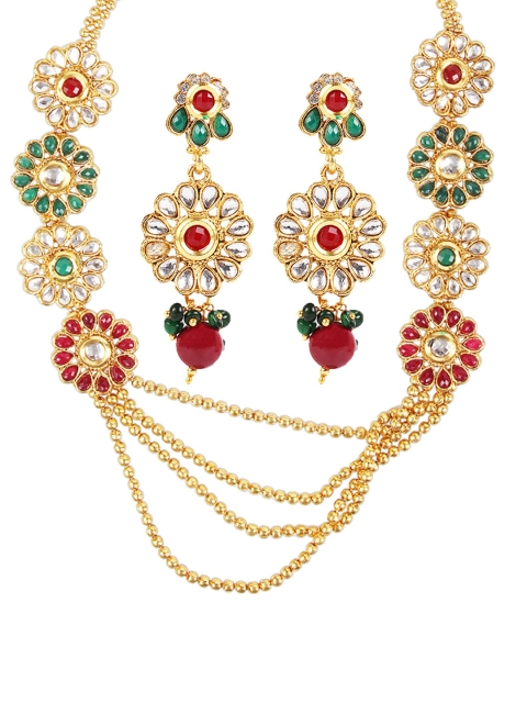 

Arendelle Gold-Toned Red & Green Kundan Studded Layered Jewellery Set