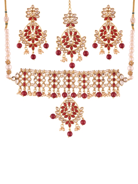 

Arendelle Gold-Plated & Red Kundan Stone-Studded Jewellery Set