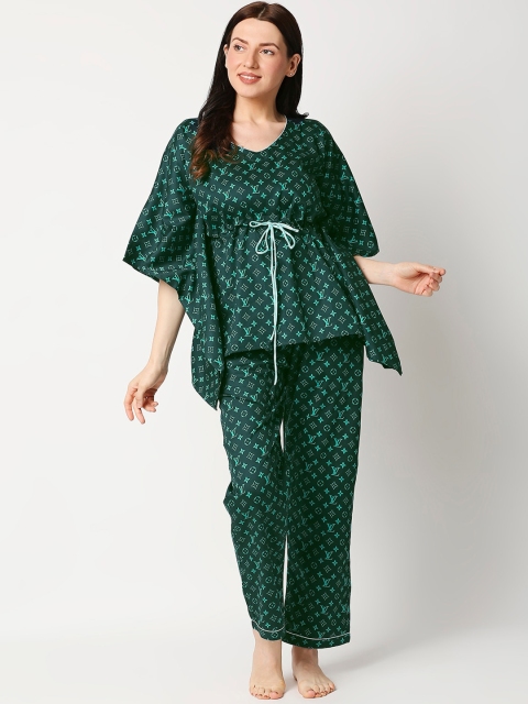 

Pyjama Party Women Green Geometric Printed Pure Cotton Kaftan Night suit