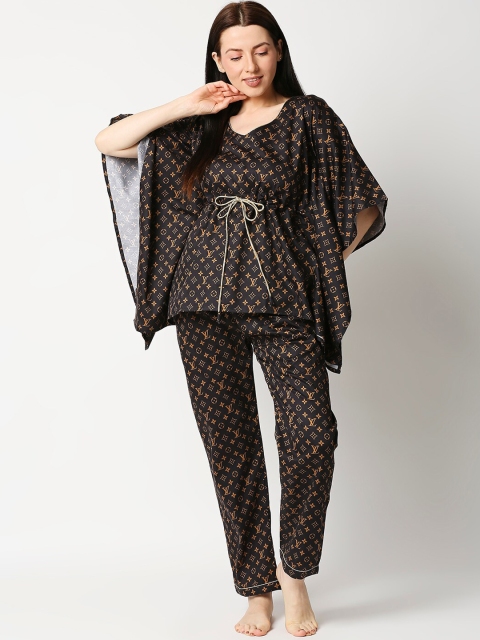 

Pyjama Party Women Black & Brown Geometric Printed Pure Cotton Kaftan Night suit