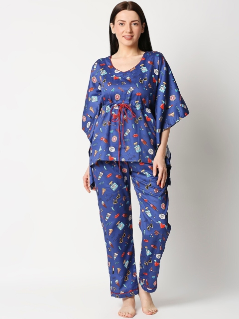 

Pyjama Party Women Blue & Red Printed Cotton Night suit