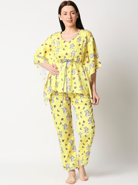 

Pyjama Party Women Yellow Graphic Printed Pure Cotton Night suits