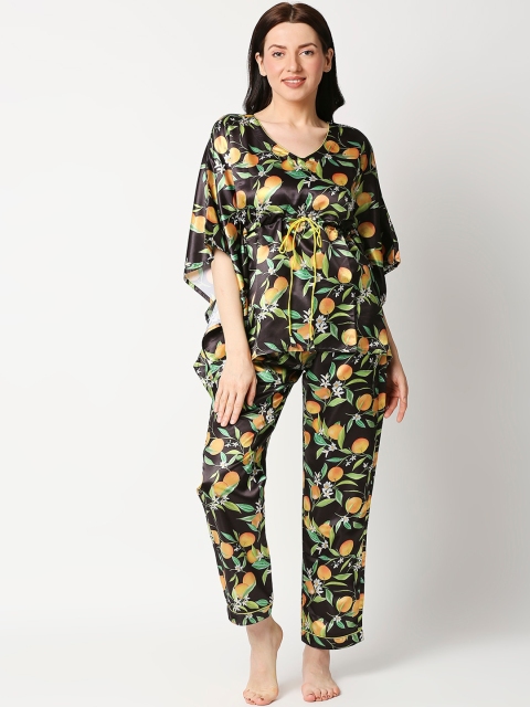 

Pyjama Party Women Black & Green Printed Satin Kaftan Night suit