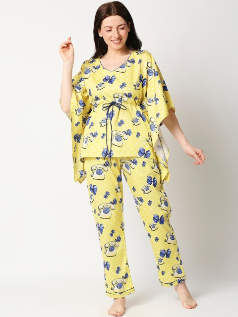 

Pyjama Party Women Yellow & Blue Printed Pure Cotton Kaftan Night suit